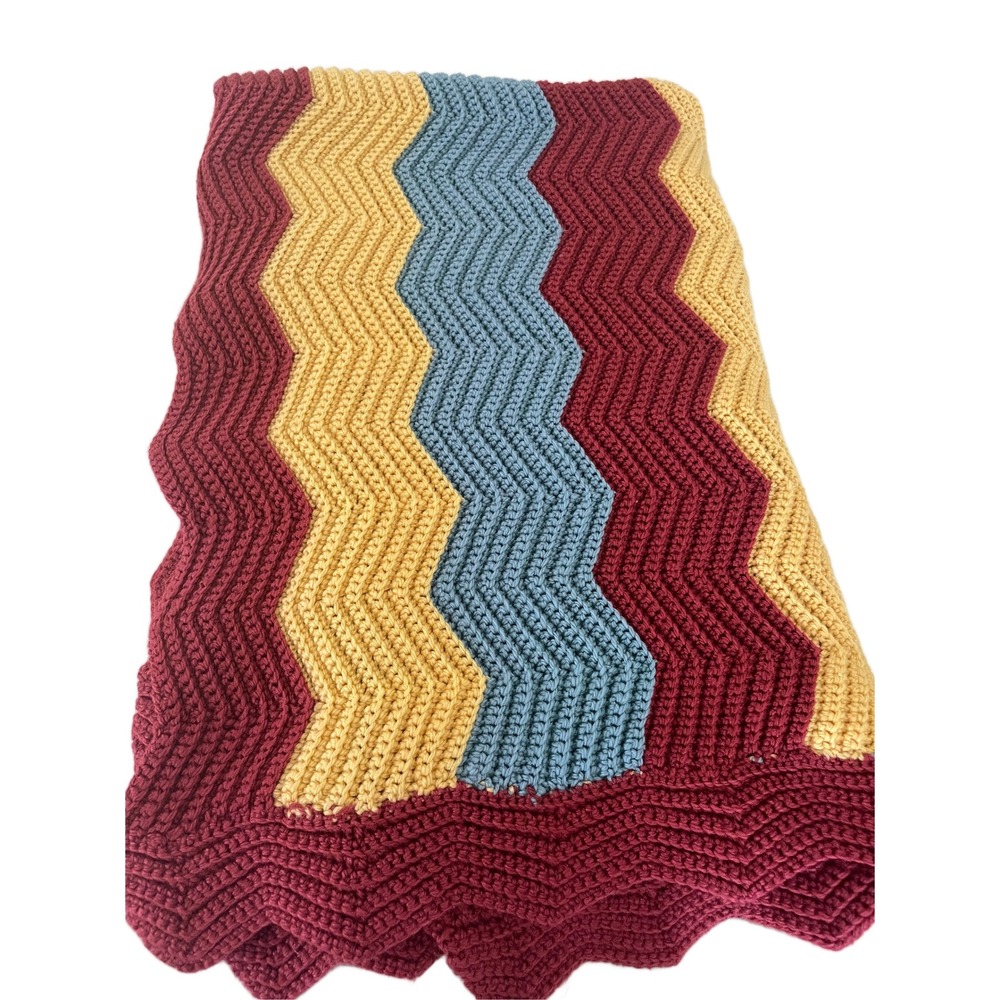 70s Vintage Handmade Crochet Chevron Afghan Throw Blanket Retro 50x41 MCM Boho